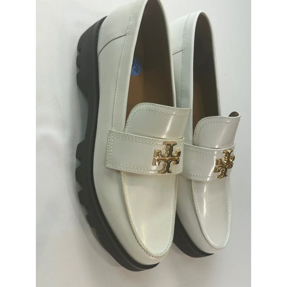 Tory Burch Lug Sole Loafers Women 10.5 White Gold Logo Leather Lug Sole 82845